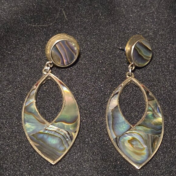 🌈 Vintage Silver Abalone Shell Dangle Earrings - Picture 2 of 3